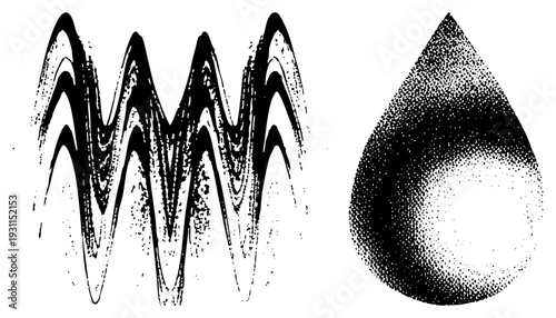 Stylized wave graphic and teardrop shape depicted with halftone dot shading, vector art, black and white, graphic design elements, isolated foreground.
