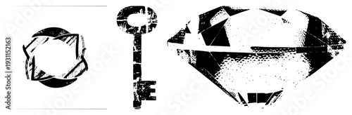 Distressed black and white vector camera aperture, old fashioned key, cut diamond. Grungy texture, halftone shading, isolated design elements for branding or UI.
