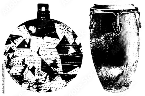 Abstract bell with angular tribal motifs and halftone conga drum, stylized black and white vector art, graphic design elements, cultural percussion instrument.