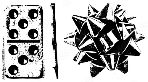 Classic tile with pips, bamboo stalk, decorative starburst bow, halftone texture, retro graphic, black and white vector.