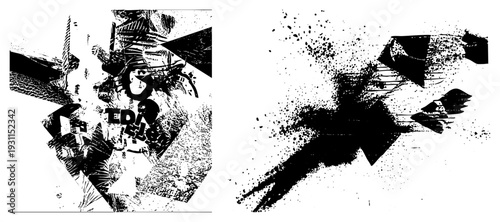 Dynamic black ink splatter and angular forming abstract composition, halftone texture, graphic design element, vector art, stylized explosion, fragmented shapes, modern art piece.