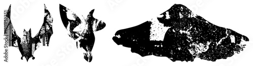 Stylized bat figures with wings, graphic bat art, dark creature, silhouette illustration, vector bat design, black and white bat motifs.