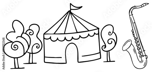Hand drawn circus tent with scalloped edges and flag, whimsical trees with swirls, saxophone, playful vector sketch, entertainment theme.