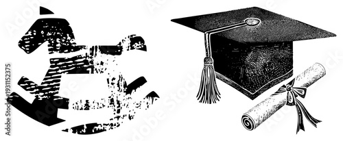 Weathered anchor symbolizing maritime tradition, graduation cap with tassel and rolled diploma, engraved art, academic achievement, nautical graduation emblem.