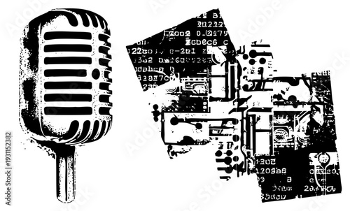 Retro mic with grille, analog equipment, digital circuit board with binary code, tech art, black and white vector, glitch aesthetic, isolated foreground elements.
