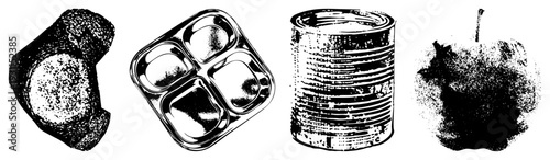 Vector halftone graphic depicting food container, divided tray, tin can, and. Black and white stippled texture, isolated foreground elements, clean, minimalist design.