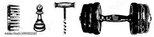 Classic black and white halftone illustrations of grooming tool, game piece, wine opener, and fitness weight retro graphic design elements, isolated for creative projects.