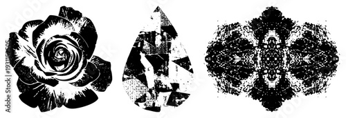 Abstract rose, fragmented teardrop, symmetrical mandala bold halftone textures, graphic art, vector illustration, design, isolated shapes.