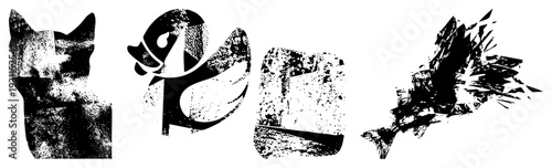 Stylized cat, bird, and fish in black and white halftone, vector graphic, isolated foreground, artistic abstraction, graphic design elements.