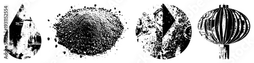 Black and white distressed textures inside droplet, mound, circle, lantern shapes. Grungy, textured, vector graphic elements with halftone grain.