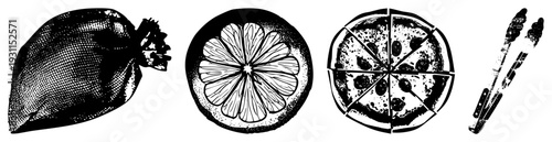 Black and white halftone illustrations of sack, citrus section, sliced pizza, and kitchen tongs. Vector graphic with textured shading, food and kitchen tools, isolated.