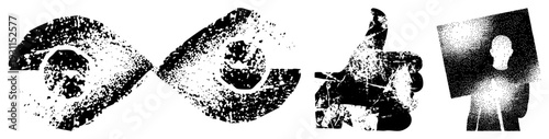 Black and white halftone graphics featuring eye, thumb up, and silhouette, vector art, dotted texture, minimalist design, isolated symbols.