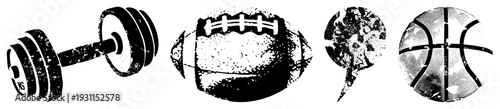 Classic gym equipment and athletic balls rendered in halftone style, vector for fitness and sports themes, isolated dumbbell, football, basketball symbols.