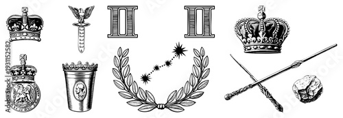insignia featuring crowns, laurel wreaths, and emblems, classic, monarchic symbols, regal, black and white vector illustrations.