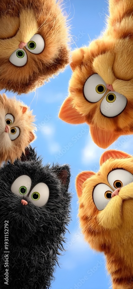 Fototapeta premium A group of fluffy 3D animated cats—mostly orange tabbies with one black cat—peer down with wide, curious eyes against a bright blue sky with soft clouds, creating a fun, whimsical scene.