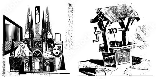 Gothic with spires and stained glass, juxtaposed with vintage water pump, rendered in bold black and halftone shading, artistic vector composition.