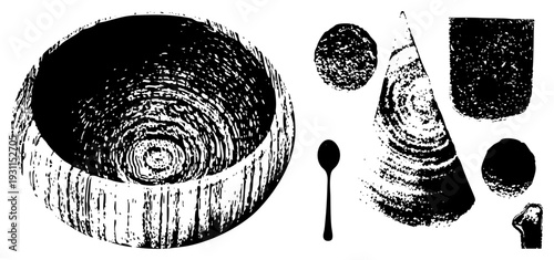 Wooden bowl with grain texture, spoon, cone, cylinder, and spheres, halftone sketch style, isolated vector elements, rustic kitchenware, stylized cutout design.