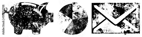 Stylized black and white piggy bank for savings, pie chart for data, envelope for mail all with gritty, distressed texture. Vector cutout symbols.