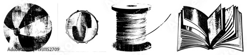 Retro halftone illustrations of beach ball, drum, thread spool, and open book. Classic vector art with textured shading, isolated objects, educational or nostalgic themes.
