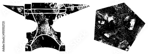 Stylized anvil with worn textures and a grainy cube, vector art, industrial forge symbol, graphic design element, halftone texture, isolated shapes, craft.