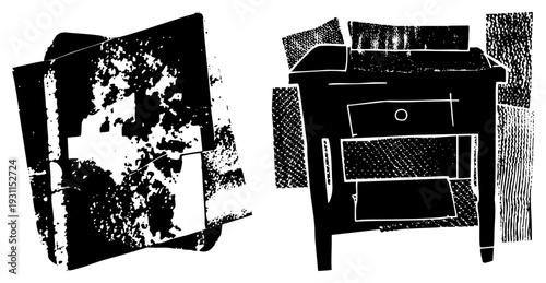 Classic typewriter with keys and carriage, stack of books with textured covers, retro illustration, halftone shading, literary workspace.