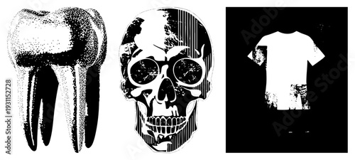 Black and white halftone illustrations of tooth, skull, and t shirt with gritty texture, graphic design elements, vector art, stencil style, isolated cutouts.