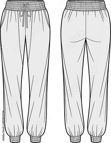 Flat vector illustration of jogger pants front and back view, casual sportswear apparel template with elastic waistband, fashion mockup isolated on background.