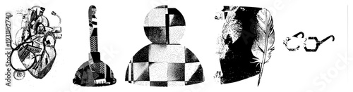 Vector halftone forming symbolic anatomical heart, plunger, user avatar, quill feather, eyeglasses. Stylized graphic elements with dot matrix texture.
