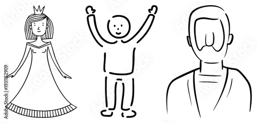 Minimalist art of a crowned princess, a celebratory figure with raised arms, and a faceless man in a turtleneck, all rendered as simple vector.