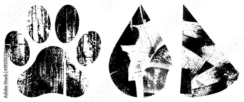 Stylized paw print, water droplet, and fragmented geometric form with distressed texture, vector, isolated design elements, halftone grain effect.