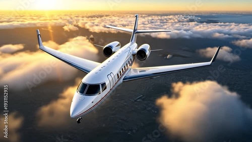 A sleek private jet soaring gracefully above a sea of fluffy clouds, bathed in the warm glow of the sun, and conveying the thrill of modern aviation.