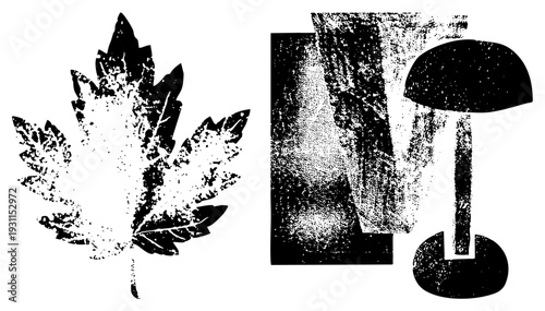 Vector graphic of maple leaf and mushroom, halftone texture, black and white, isolated foreground, glyph style, nature symbols, design elements.