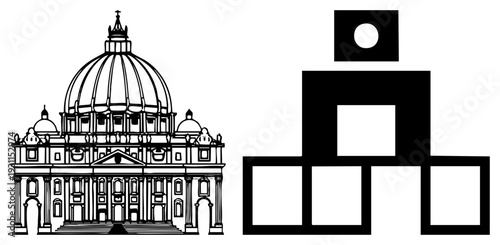 Renaissance with dome, columns, contrasts minimalist black geometric blocks forming stylized human figure. Architectural meets abstract composition.