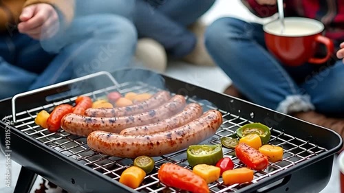 A summer barbecue with family, featuring appetizing grilled sausage and vegetables, capturing the warmth and community of a backyard gathering.