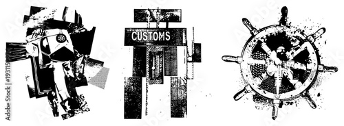 Graphic composition featuring customs checkpoint, ship’s wheel, and car fragments, halftone texture, vector art, isolated elements, maritime and border control themes.