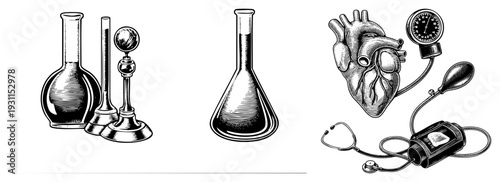 Scientific glass flasks, graduated cylinder, and medical heart with stethoscope and sphygmomanometer, vintage scientific and medical illustration, black and white engraved style.