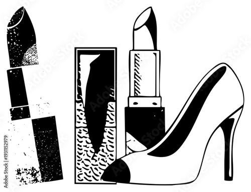 Classic beauty staples, cosmetic lipstick and stiletto heels, fashion accessories, glamour symbols, graphic art, vintage style, stylized illustration.