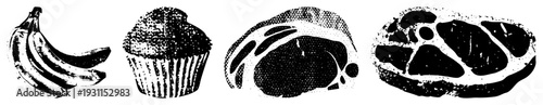 Black and white halftone vector graphics of food items bananas, cupcake, pork chop, steak isolated on transparent background, stylized with dot and bold.