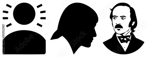 Vector graphic set featuring sun, profile silhouette, and vintage gentleman portrait, style, flat design, isolated elements.