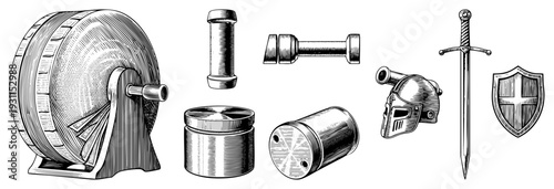 Vintage engraved illustration of knight’s helmet, sword, shield, cannon, and siege engine, historical military equipment, feudal era armaments.