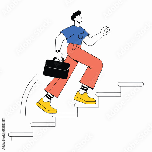 Man in blue shirt and red pants running up stairs with a black briefcase