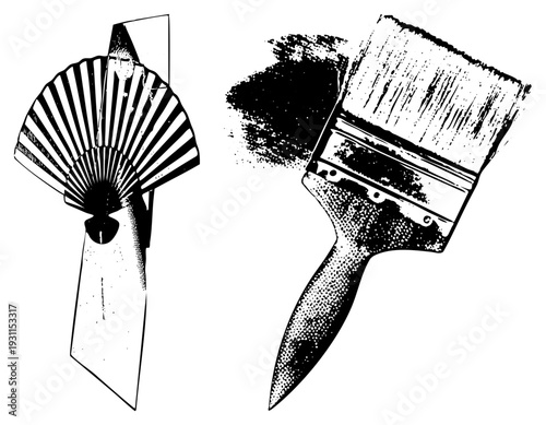 Classic handheld fan with radiating ribs, artist’s paintbrush with bristles, halftone ink illustration, art tools, creative supplies.