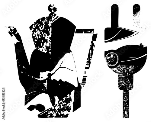 Artistic vector illustration of coffee pot with textured splatter and coffee grinder, design, isolated kitchen tools, flat graphic style.