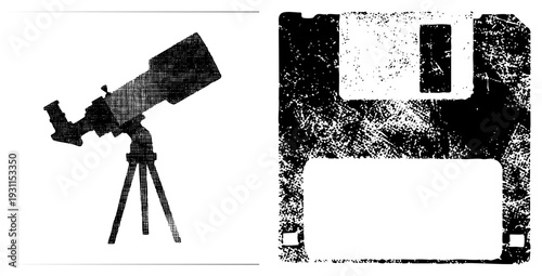 Astronomical telescope on, stargazing instrument, celestial observation tool floppy disk with data slot, retro storage, digital archive symbol.