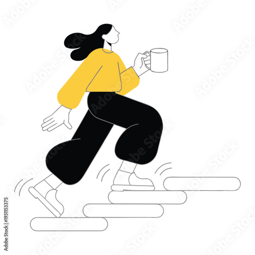 Woman in Yellow Sweater Running Down Stairs While Holding a Coffee Cup