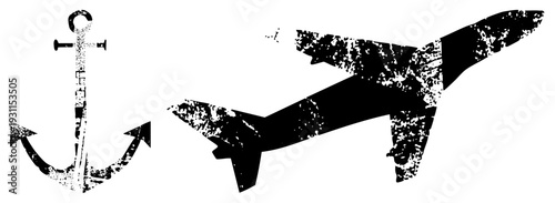 Distressed anchor and airplane vector, nautical and aviation symbols, vintage texture, design, travel and maritime concepts.