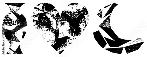 Fragmented heart and arrow composed of halftone textures and geometric, vector art, stylized symbols, graphic design elements, black and white aesthetic, isolated foreground.