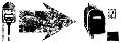 Commuter journey from bus stop to mailbox, urban transit, postage stamps, directional arrow, gritty texture, street scene, delivery system.