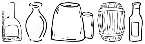 Sketch style of drink vessels including bottle, jug, barrel, and flask, ideal for vintage or rustic beverage branding, minimalist design, and conceptual illustrations.