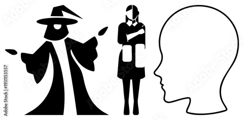 Magician casting spell with floating leaf, student holding book, thought process, black silhouette, educational concept, magical study, learning visualization.